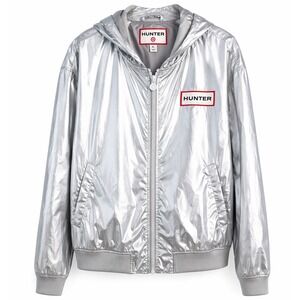Hunter Target Silver Metallic Rain Jacket Womens XL Hooded Windbreaker